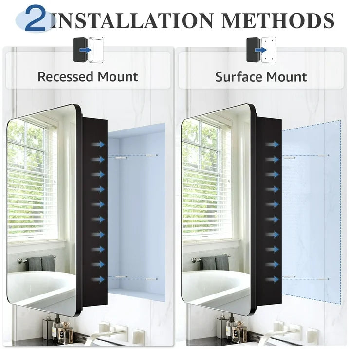 VANCORE 16x24 Inch Recessed Medicine Cabinets for Bathroom with Mirror, Wall Mount Mirrored Vanity Chest, Large Storage Cabinet with Adjustable Shelves - Matte Black Framed