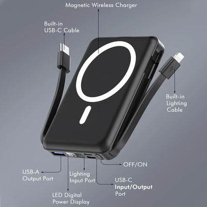 Podoru Wireless Portable Charger, 10000mAh Magnetic Power Bank Built-in USB C Lighting Cables 22.5W PD Fast Charging LED Display Battery Pack for for iPhone 16 15 14 13 12  Black