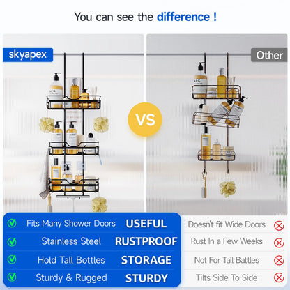 VANCORE Over the Doors Shower Caddy - Hanging Bath Organizer over Door with Hooks for Inside the Shower - Matte Black