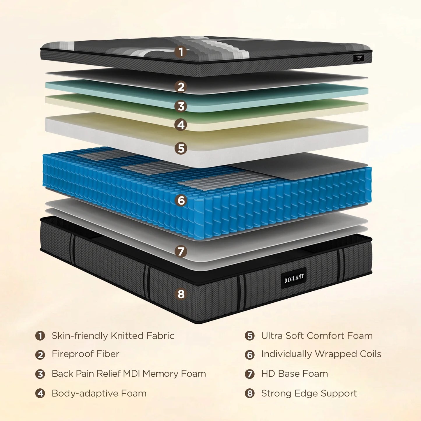 DIGLANT 14 Inch Queen Plush Hybrid Mattress Bed in a Box, 5 Layer Memory Foam with Pocket Springs for Supportive & Pressure Relief with Soft Fabric,100 Nights Trial,60"*80"*14"