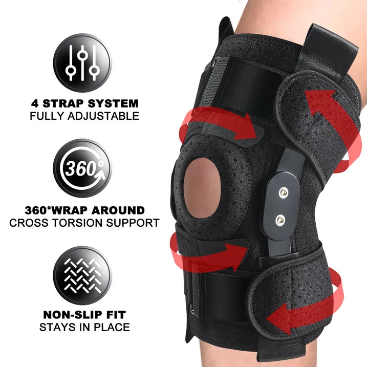Hinged Knee Brace with Side Stabilizers Adjustable Knee Compression 6 Strap System Knee Pain Support for ACL MCL Men & Women -One Size Fits Most Black