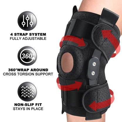 Hinged Knee Brace with Side Stabilizers Adjustable Knee Compression 6 Strap System Knee Pain Support for ACL MCL Men & Women -One Size Fits Most Black