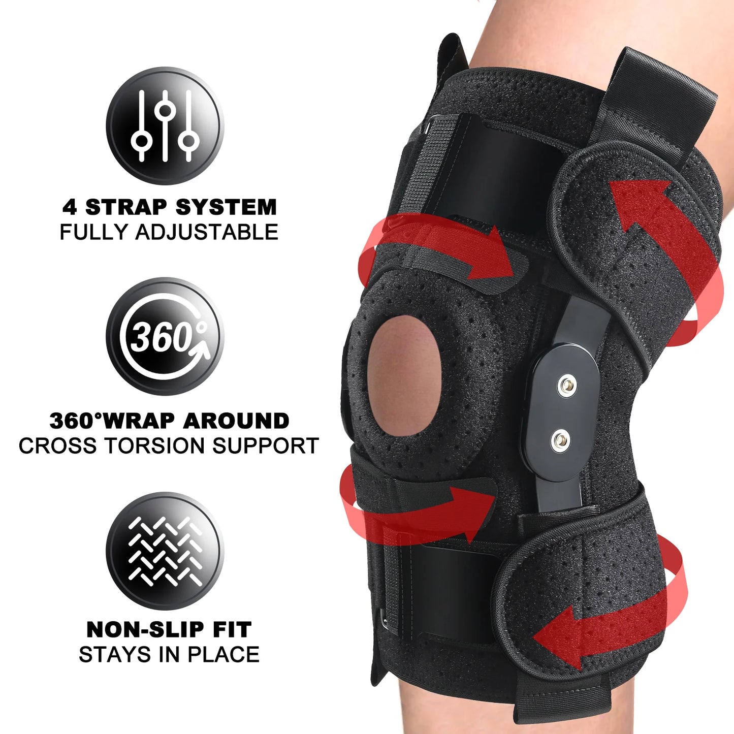 Hinged Knee Brace with Side Stabilizers Adjustable Knee Compression 6 Strap System Knee Pain Support for ACL MCL Men & Women -Black One Size Fits Most