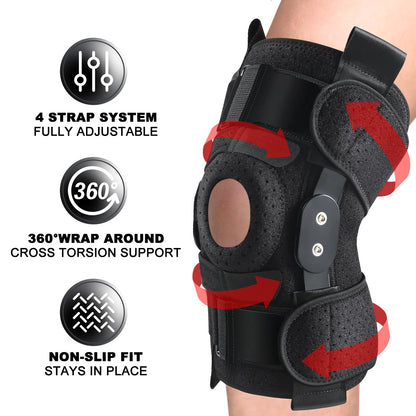 Hinged Knee Brace with Side Stabilizers Adjustable Knee Compression 6 Strap System Knee Pain Support for ACL MCL Men & Women -Black One Size Fits Most