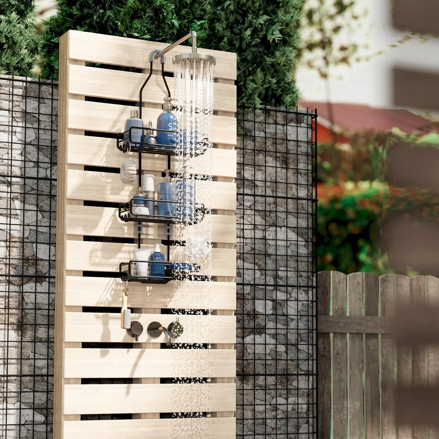 VANCORE Shower Caddy Hanging over Shower Head - Bathroom Shower Organizer Adjustable Rack for Tall Showerhead - Extra Large Storage Shelf for Big Shampoo Bottles with Soap Razor Holder