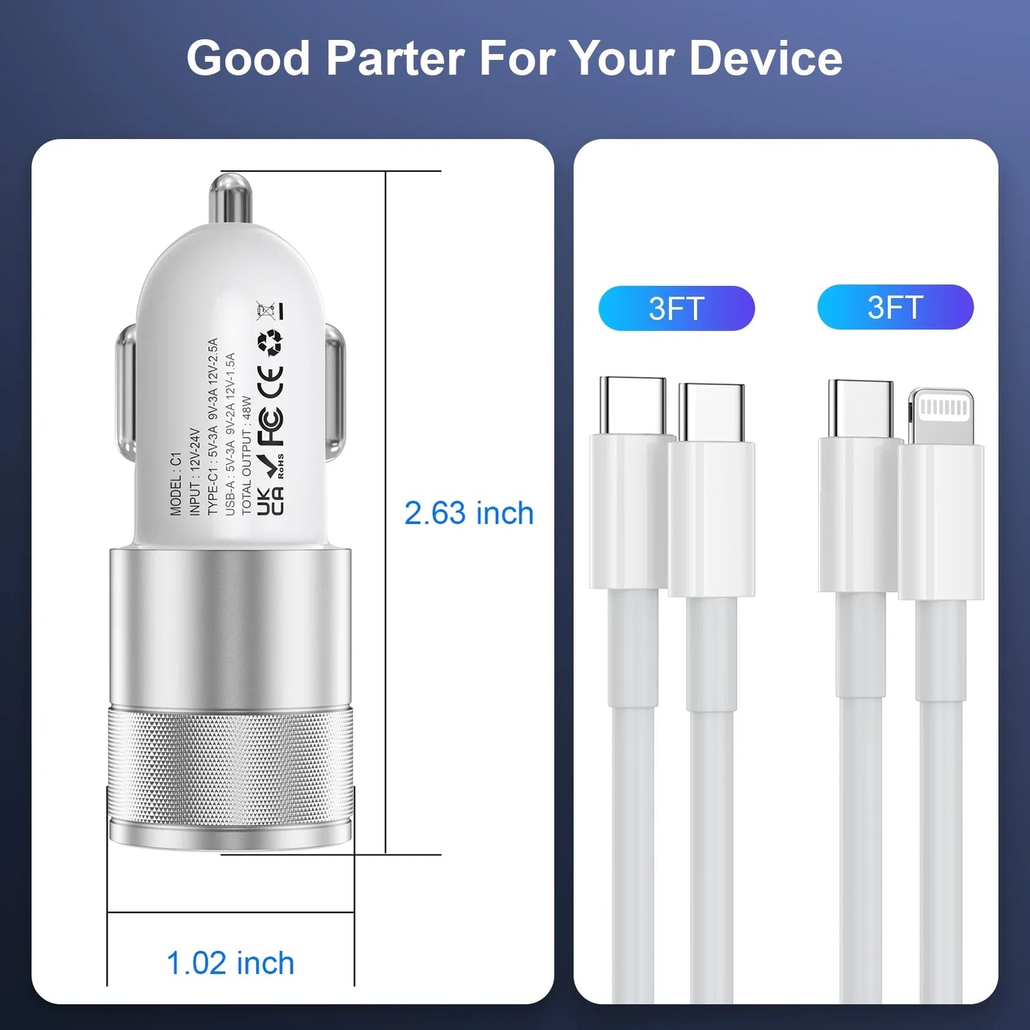 Car Charger, Quick Charging 48W 2 Port USB C & USB A Car Power Adapter PD QC