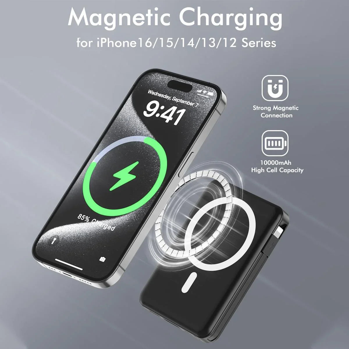 Podoru Wireless Portable Charger, 10000mAh Magnetic Power Bank Built-in USB C Lighting Cables 22.5W PD Fast Charging LED Display Battery Pack for for iPhone 16 15 14 13 12  Black