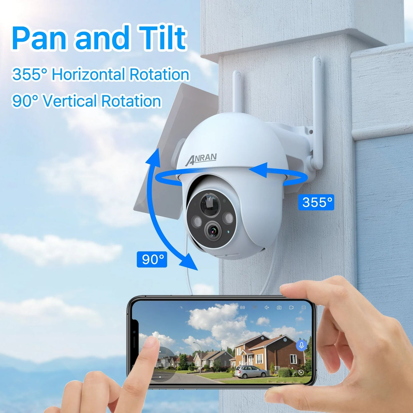 2K Solar Security Camera with Spotlight, ANRAN 360 View Wireless Outdoor Camera, Waterproof PIR Detection, Rechargeable Battery Powered Home Surveillance Camera with Color Night Vision 2-Way Audio