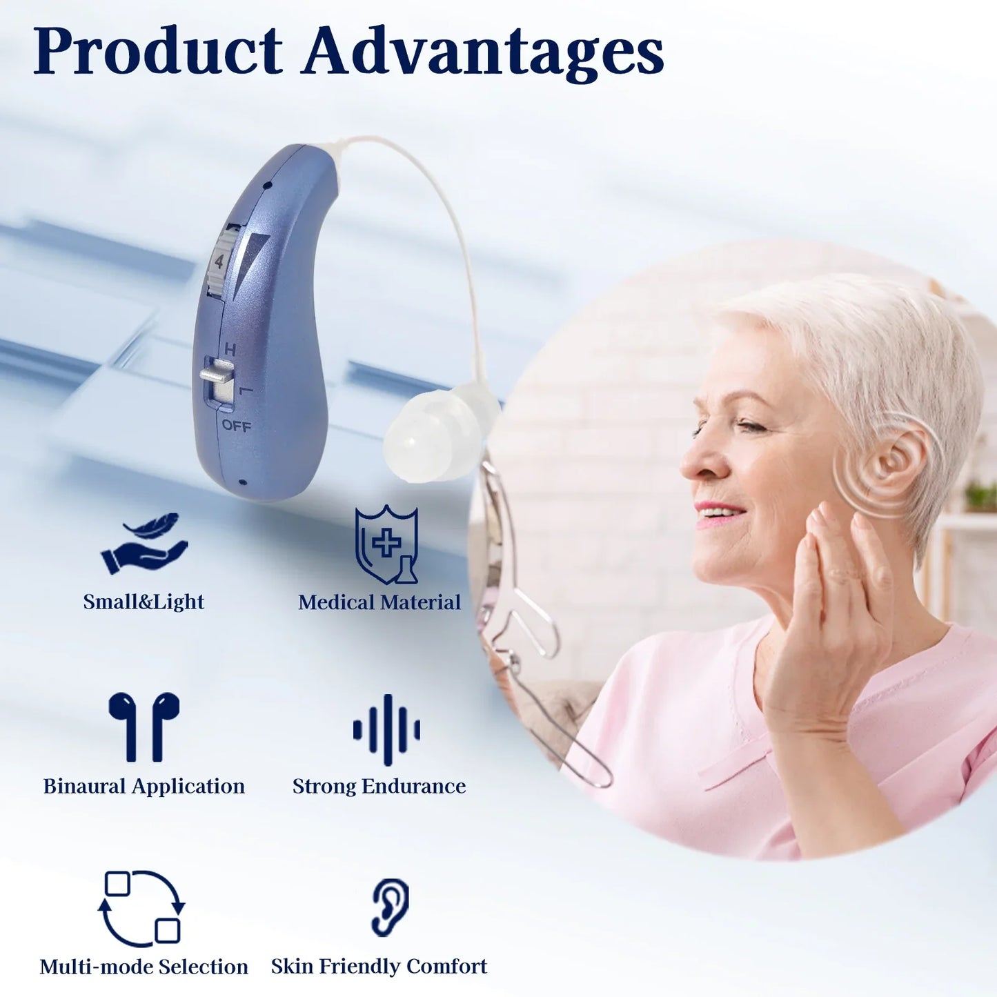 Delmicure Hearing Aids VHP-1206 for Senior - Binaural Behind-the-Ear Hearing Amplifiers for Adults with Rechargeable Battery: Noise Cancellation, Lightweight Design with Digital Circuitry, Blue