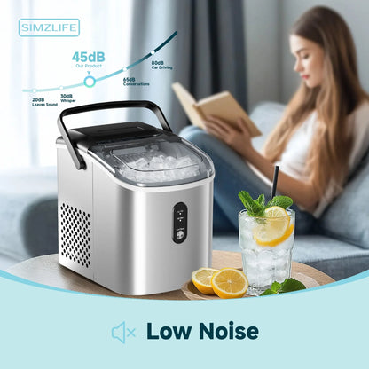Simzlife Ice Maker Countertop, Portable Ice Machine with Carry Handle, Self-Cleaning Ice Makers with Basket and Scoop, 9 Cubes in 6 Mins, 26 lbs per Day, Ideal for Home, Kitchen, Camping, RV