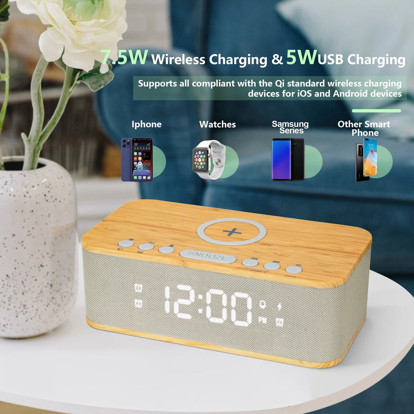 Fansbe Vibrating Digital Alarm Clock Bluetooth Speaker, Wireless Charging Alarm Clock Snooze, Wood
