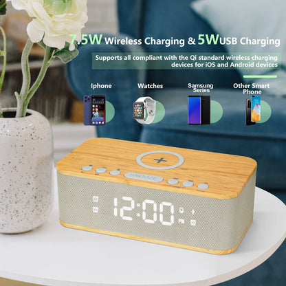 Fansbe Vibrating Digital Alarm Clock Bluetooth Speaker, Wireless Charging Alarm Clock Snooze, Wood