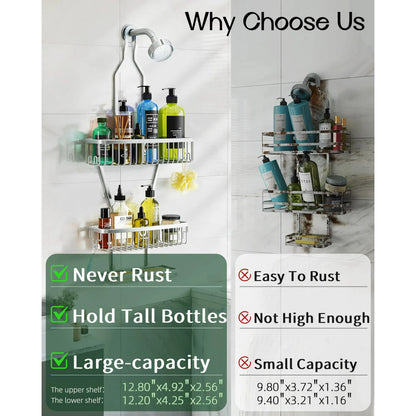 VANCORE Hanging Shower Caddy Bathroom Organizer - Over Head Long Rack for Tall Showerhead - Extra Large Shelf for Big Shampoo Bottles with Soap Holder