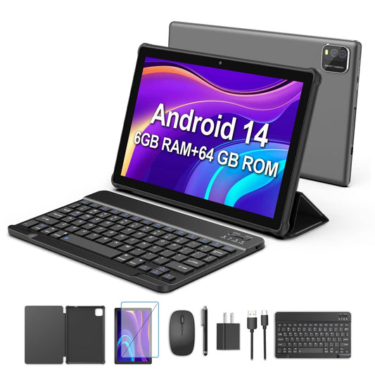 PUTTECH 10 inch Tablet Android 14 Tablets, Quad-Core Tablet PC, 6GB RAM, 64GB ROM, 1TB Expand, 6000mAh, 1280x800 HD Touch Screen, 2MP+8MP, Wifi, Dual Camera - Grey