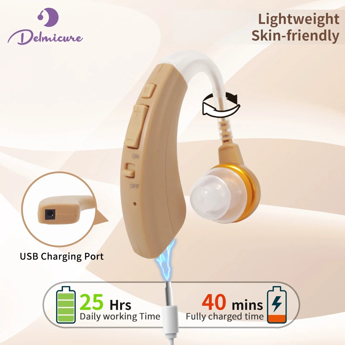 Delmicure Hearing Aid VHP-1221 for Seniors, Rechargeable Hearing Amplifier for Adults, Detachable Speaker, Single Digital Sound Device (Beige)