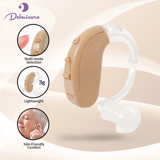 Delmicure Hearing Aid - Rechargeable Digital Hearing Amplifier for Adults: BTE Device with Adjustable Volume, Clear Voice with Noise Cancelling Chip, Lightweight Design, Clear Sound, Beige 703S