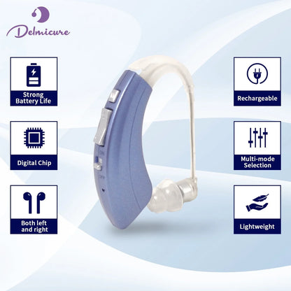 Delmicure Hearing Aid VHP-1222 for Seniors, Rechargeable Hearing Amplifier for Adults, Mini Speaker, Single Digital Sound Device (Blue)