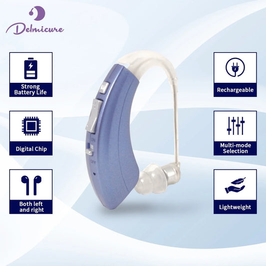 Delmicure Hearing Aid VHP-1222 for Seniors, Rechargeable Hearing Amplifier for Adults, Mini Speaker, Single Digital Sound Device (Blue)