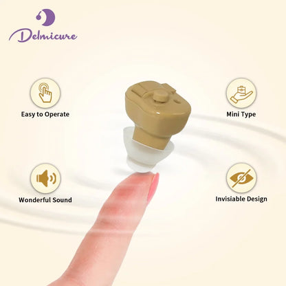 Delmicure Hearing Aid VHP-603 for Seniors: In-Ear Sound Amplifier with Noise Cancelling for Adults with Replaceable Battery, Beige