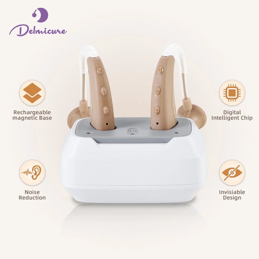 Delmicure Hearing Aids VHP-1021 for Seniors with Noise Cancelling, Rechargeable Sound Devices with Adjustable Volume & Charging Base, Wireless Hearing Amplifiers for Easy Listening