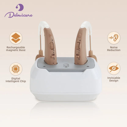 Delmicure Hearing Aids VHP-1011 for Seniors, Rechargeable Noise-Canceling Hearing Amplifiers with Volume Control, Long Battery Life, and Portable Charging Case - White