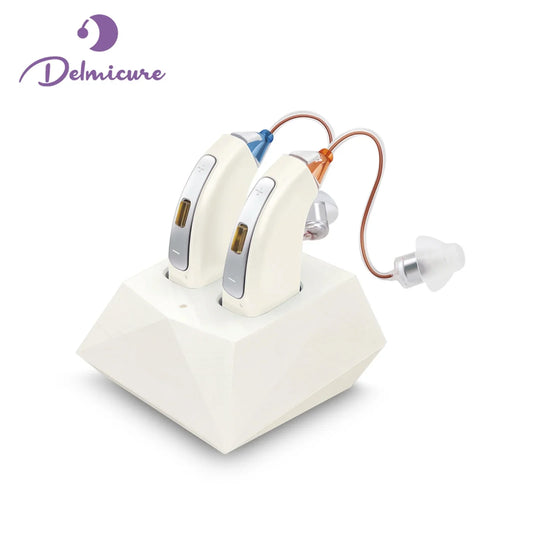 Delmicure Hearing Aids, Portable and Comfortable Digital Hearing Amplifiers with 32 Channel&4 Mode Interface for Moderate to Severe Hearing Loss in the Elderly, White