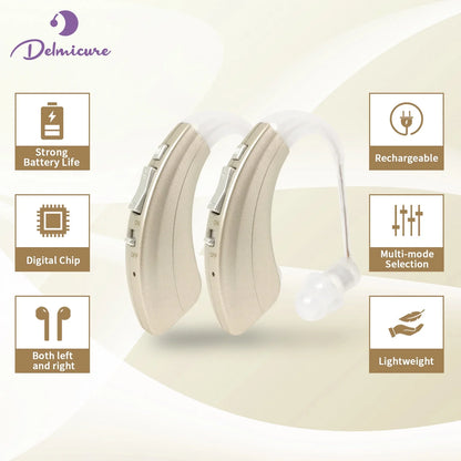 Delmicure Hearing Aids VHP-1222 for Seniors, Rechargeable Hearing Amplifiers for Adults, Mini Speaker, Binaural Digital Sound Device (Gold)