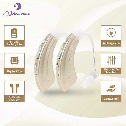 Delmicure Hearing Aids VHP-1222 for Seniors, Rechargeable Hearing Amplifiers for Adults, Mini Speaker, Binaural Digital Sound Device (Gold)