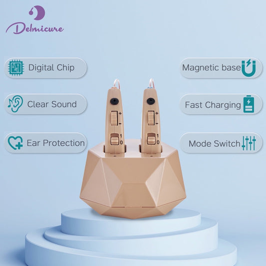 Delmicure VHP-1505 Hearing Aids For Senior, Rechargeable Hearing Amplifiers with Charging Dock For Hearing Loss, Binarual (Beige)