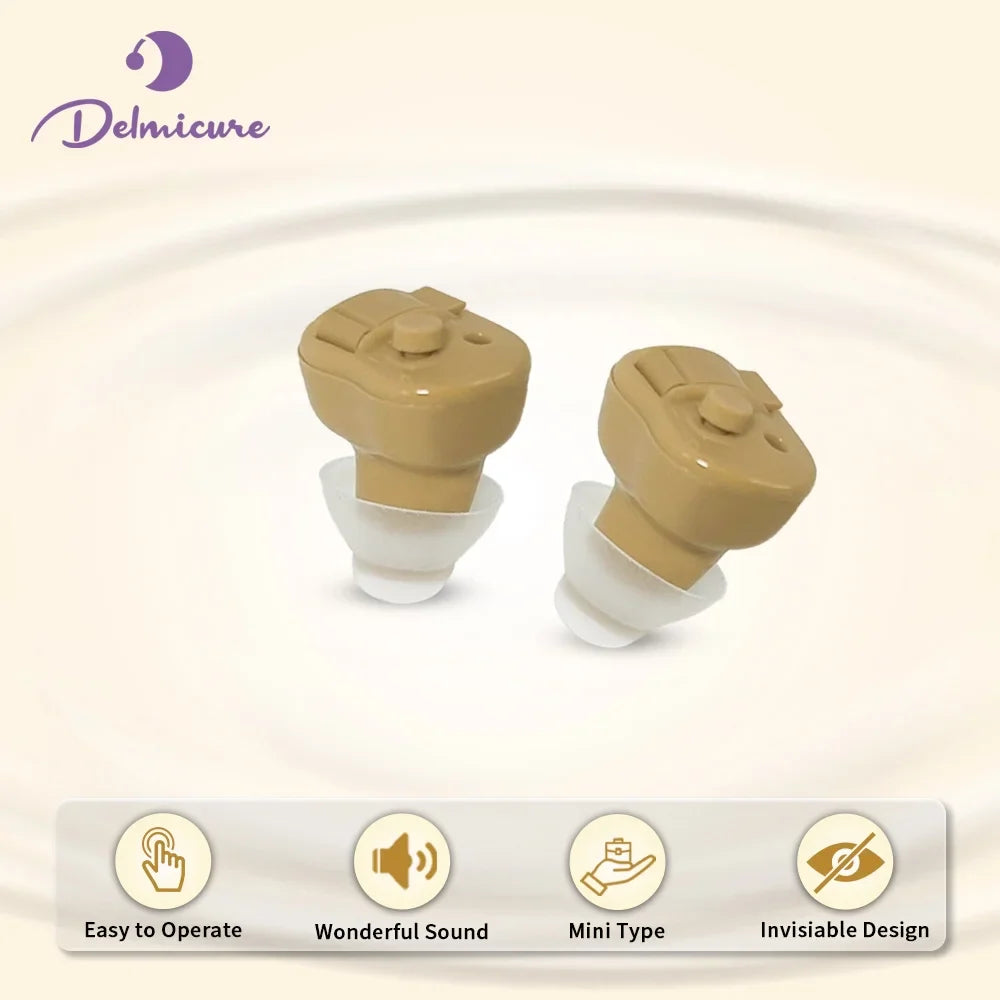Delmicure Hearing Aids VHP-603 for Seniors: In-Ear Sound Amplifiers with Noise Cancelling for Adults with Replaceable Battery, Beige