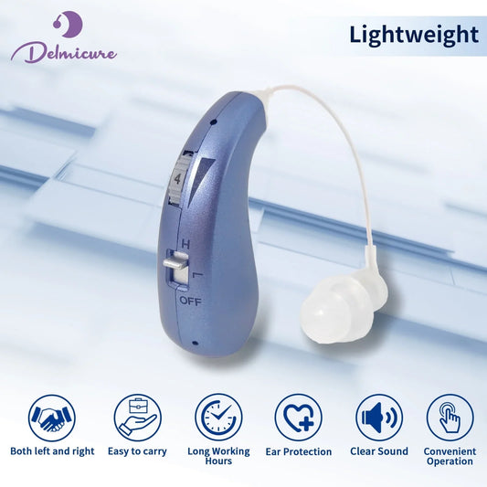 Delmicure Hearing Aid VHP-1206 for Senior - Single Behind-the-Ear Hearing Amplifier for Adults with Rechargeable Battery: Noise Cancellation, Lightweight Design with Digital Circuitry, Blue