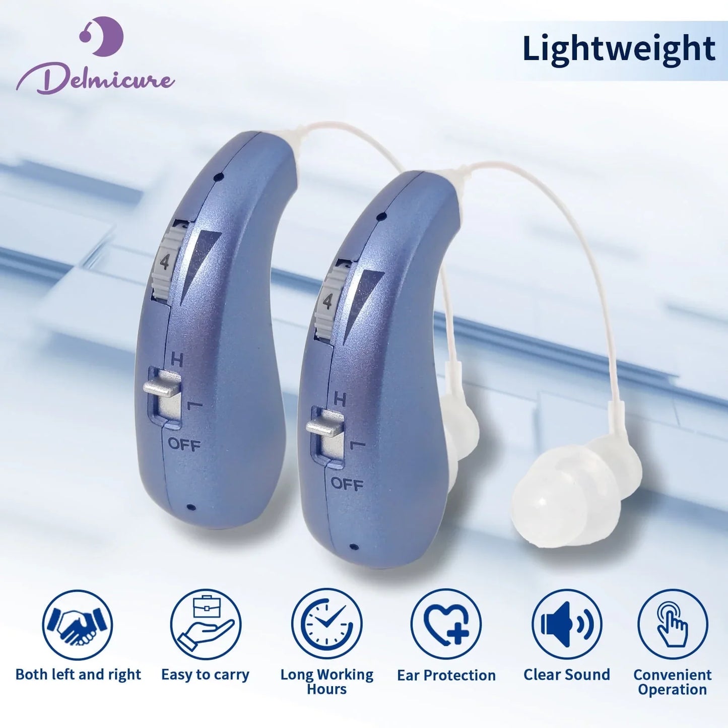 Delmicure Hearing Aids VHP-1206 for Senior - Binaural Behind-the-Ear Hearing Amplifiers for Adults with Rechargeable Battery: Noise Cancellation, Lightweight Design with Digital Circuitry, Blue
