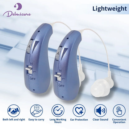 Delmicure Hearing Aids VHP-1206 for Senior - Binaural Behind-the-Ear Hearing Amplifiers for Adults with Rechargeable Battery: Noise Cancellation, Lightweight Design with Digital Circuitry, Blue