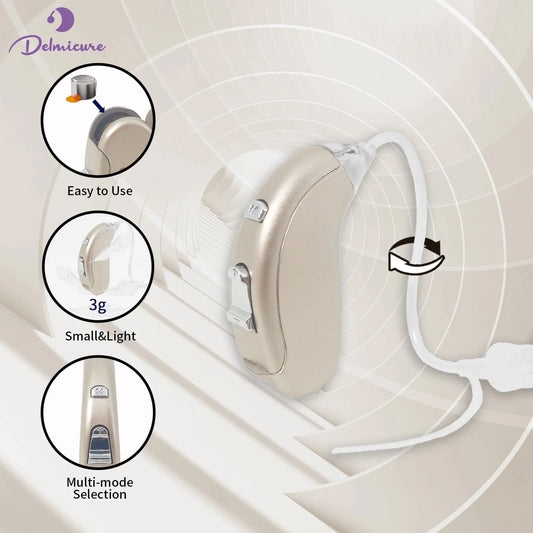 Delmicure Hearing Aid VHP-702 - Digital Hearing Aid for Adults with Replaceable Battery: BTE Device with Adjustable Volume and Mode, Clear Voice with Noise Cancelling Chip, Lightweight Design