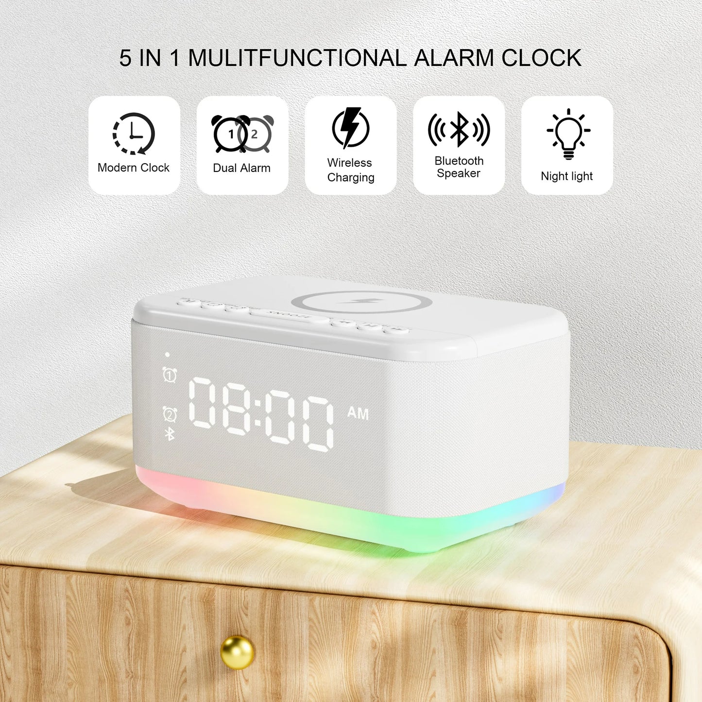 Fansbe Tech Alarm Clock Speaker Wireless Charger, Digital Alarm Clocks Bedrooms Bluetooth, Alarm Clock Dimmable Light Bedrooms Dual Alarm Snooze Dimmer 12 24H RGB Night Light Bluetooth USB AUX(White)