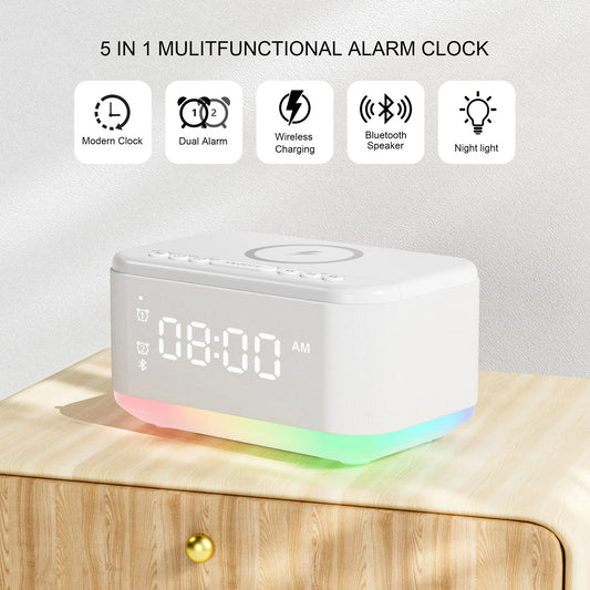 Fansbe Tech Alarm Clock Speaker Wireless Charger, Digital Alarm Clocks Bedrooms Bluetooth, Alarm Clock Dimmable Light Bedrooms Dual Alarm Snooze Dimmer 12 24H RGB Night Light Bluetooth USB AUX(White)