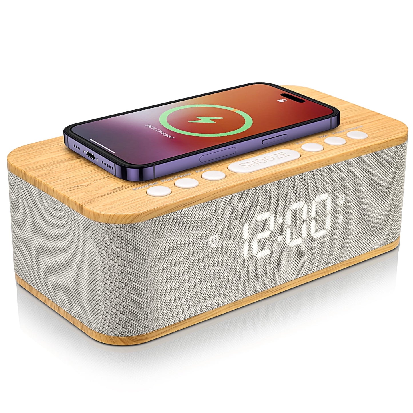 Fansbe Vibrating Digital Alarm Clock Bluetooth Speaker, Wireless Charging Alarm Clock Snooze, Wood