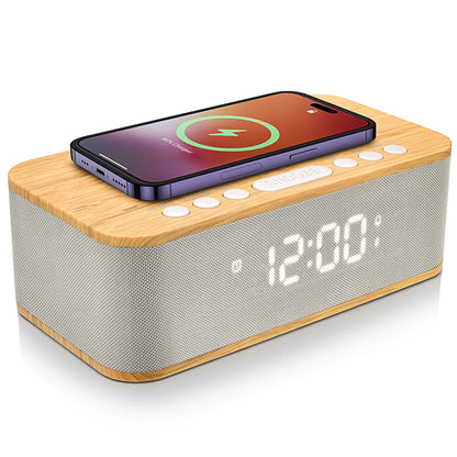 Fansbe Vibrating Digital Alarm Clock Bluetooth Speaker, Wireless Charging Alarm Clock Snooze, Wood