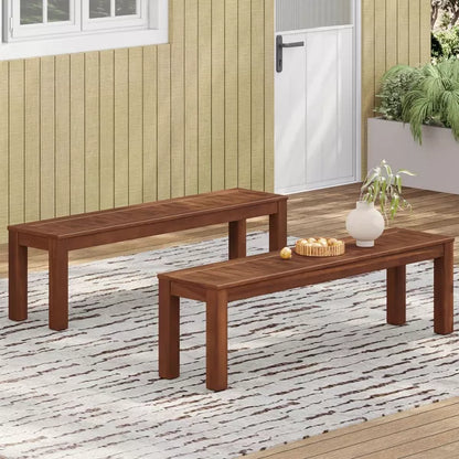 Wooakway Rustic 62" L Weather-resistant Acacia Wood Patio Bench with Classic Slat Panel Solid Hardwood Frame for Garden Sunroom Poolside Set of 2