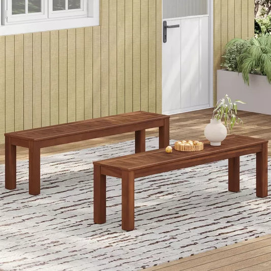 Wooakway Rustic 62" L Weather-resistant Acacia Wood Patio Bench with Classic Slat Panel Solid Hardwood Frame for Garden Sunroom Poolside Set of 2