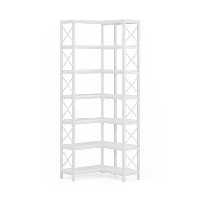 Resenkos Bookshelf, Bookcase Standing Shelf Unts,7-Tier Corner Bookshelf Corner Bookcase Storage Display Rack,White