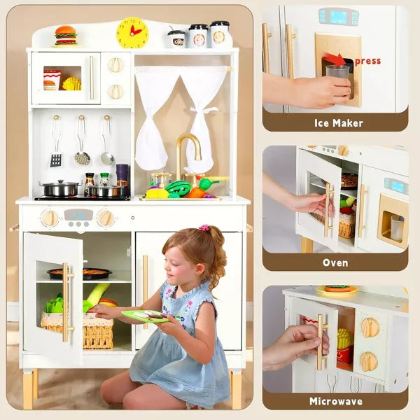 Kinder King Wooden Kids Play Kitchen, Toy Kitchen Playset for Toddler, Realistic Kitchen Sets w/Lights & Sounds, Gift for Boys Girls Age 3+