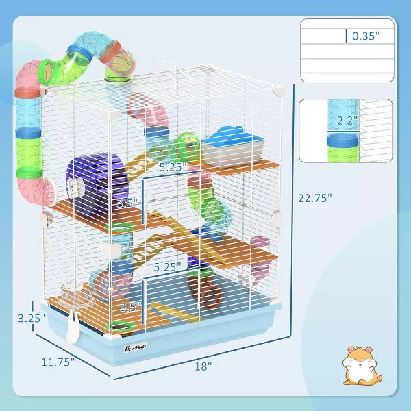 Resenkos 5 Tiers Hamster Cage Portable Animal Travel Carrier w/ Exercise Wheels Tube, Light Blue