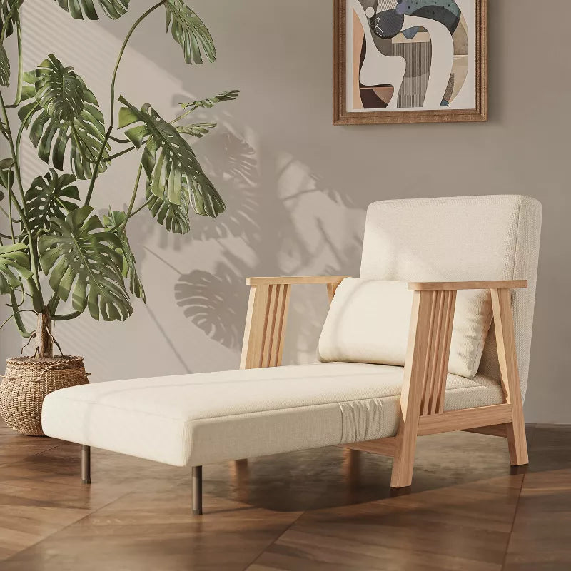 ATJafurn Folding Chair Bed, Modern Convertible Wooden Upholstered Armchair Sleeper Chaise Recliner Sofa Bed for Bedroom Living Room, White