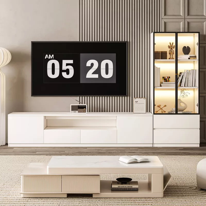 ATJafurn Media Console for TVs up to 75'', Modern Entertainment Center Living Room Cabinet Set Includes TV Stand Glass Display And Drawer Cabinet