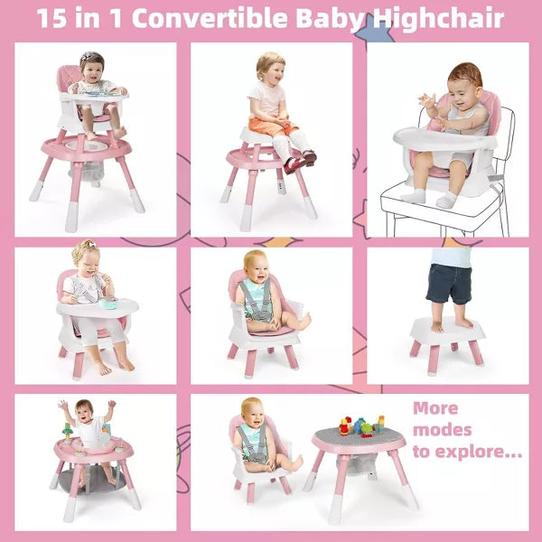 Kinder King 15 in 1 Baby High Chair, Coverts to Rotatable Activity Play Center/Infant Dining Booster Seat, Detachable Toys, Removable Tray