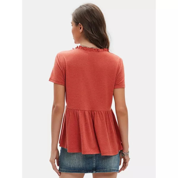 EXLURA Womens Summer Short Sleeve Babydoll Tops Fashion Cute V Neck T Shirts Soft Casual Peplum Blouse Tunics Top 2025