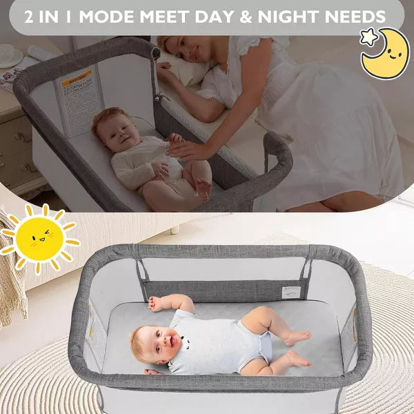 Kinder King Baby Bassinet 2 in 1 Bedside Sleeper,Folding Portable w/Storage Basket All-Sided Mesh 6 Adjustable Height Comfy Mattress