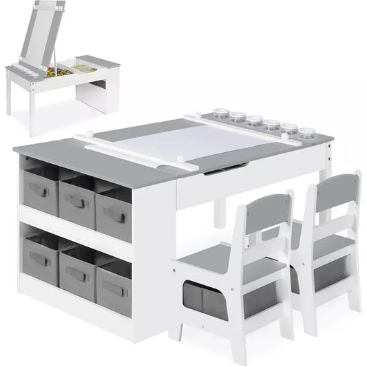 Kinder King 3-in-1 Kids Art Table & Easel Set with Storage Bins, Paper Roll, and Paint Cups