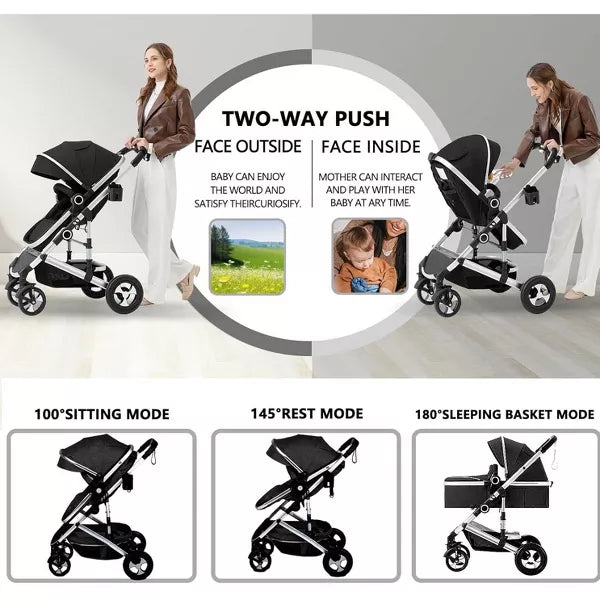 Kinder King Cozi 2 Convertible Baby Stroller, Folding High Landscape Infant Carriage, Adjustable Canopy, Diaper Bag, Anti-Shock